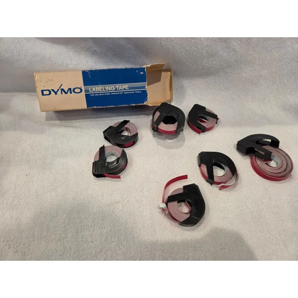 Lot of 7 Vintage Dymo 3/8 Inch Embossing label Tape Red Vinyl Rolls & Box